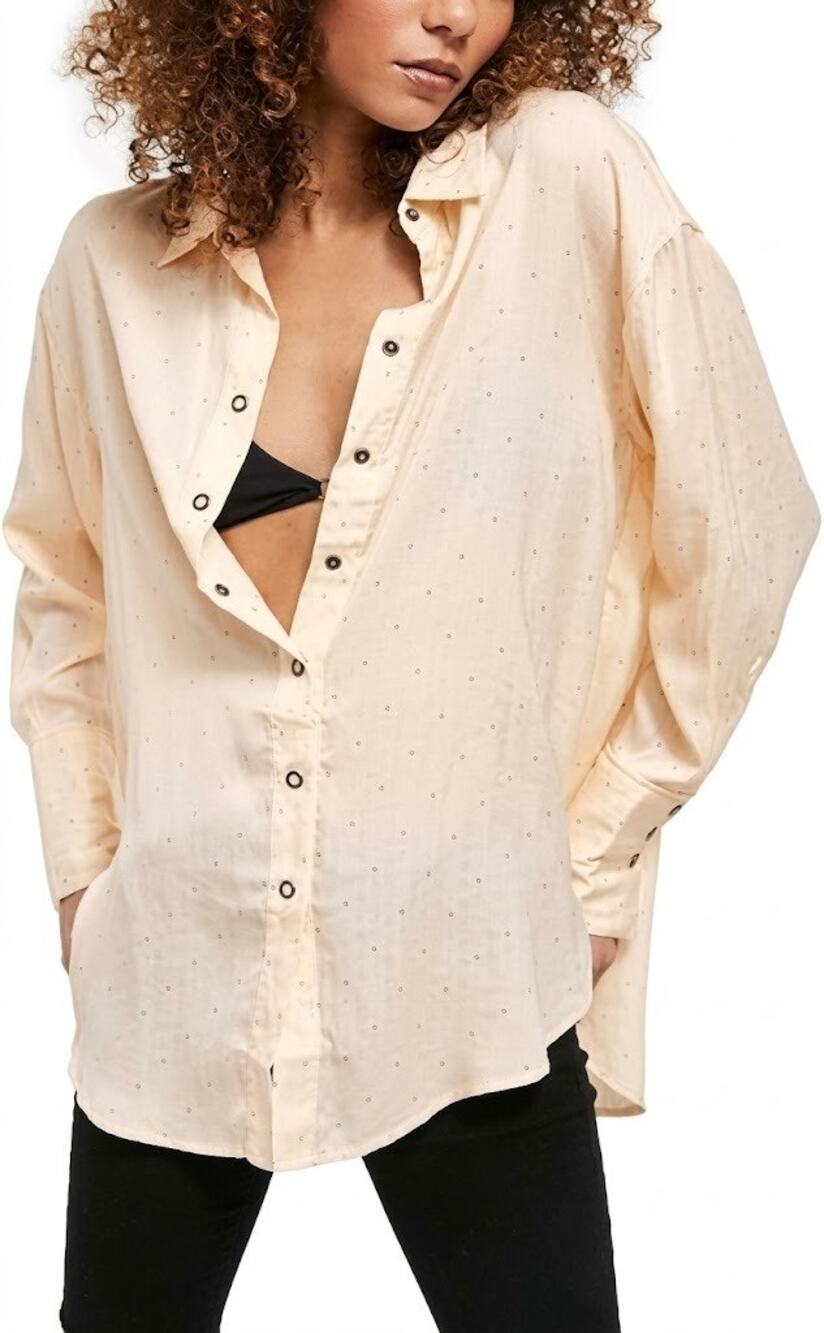 Free People We The Free All Smiles Polka Dot Snap Button Up Shirt Ivory Size S